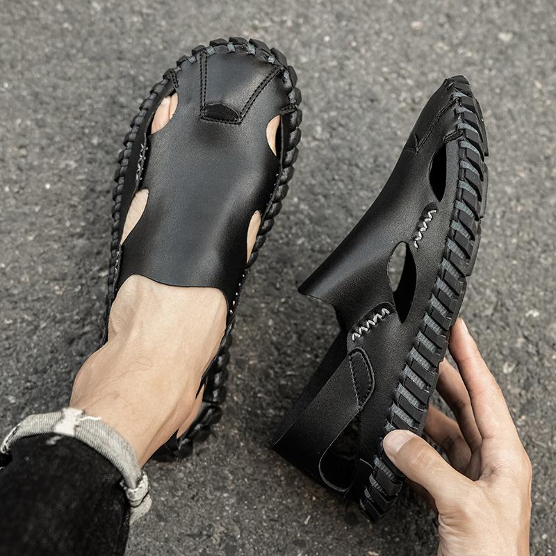 Men Sandals Handmade Leather Closed Toe Outdoor Roman Summer Walking Hiking Sandals Beach Shoes Plus Size