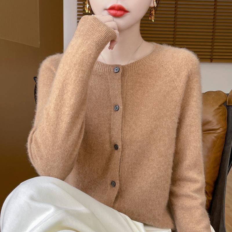 Damski kardigan płaszcz ze 100% czystej wełny z okrągłym dekoltem - Luźny sweter dzianinowy ściegiem podwiązkowym