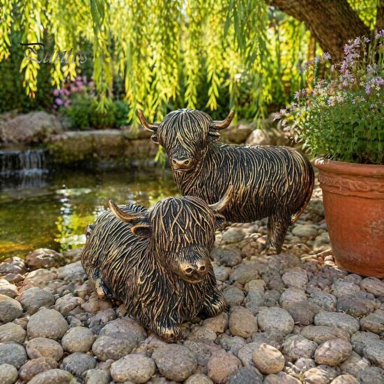 Vintage Copper Finish Garden Art Highland Yak Resin Figurines, Bronze Animal Statues, Weatherproof Sitting Set Farmhouse Decor for Living Room