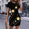 Fashion Womens Loose Abstract Pattern Print O Neck Short Sleeve Loose Streetwear A-line Dress