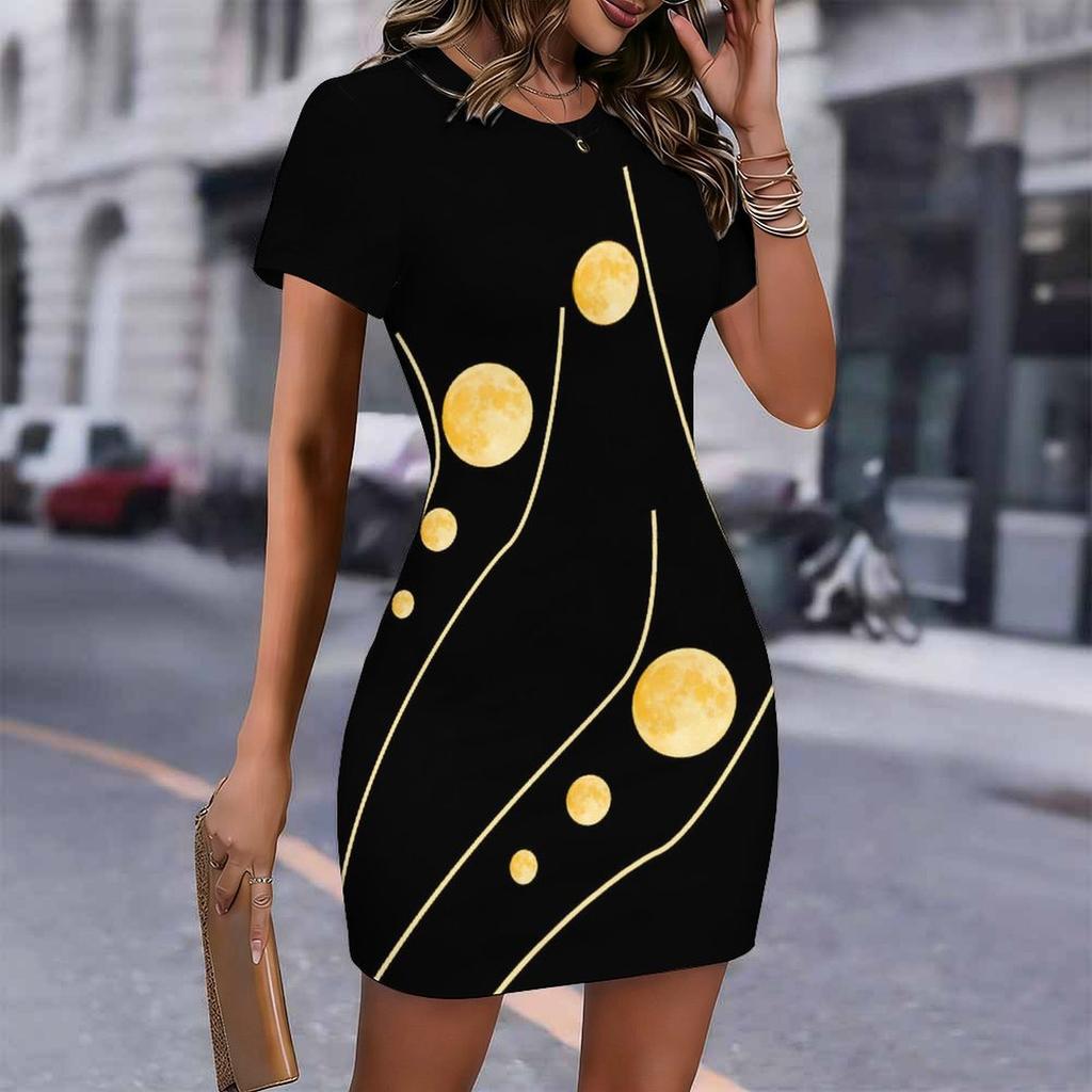 Fashion Womens Loose Abstract Pattern Print O Neck Short Sleeve Loose Streetwear A-line Dress