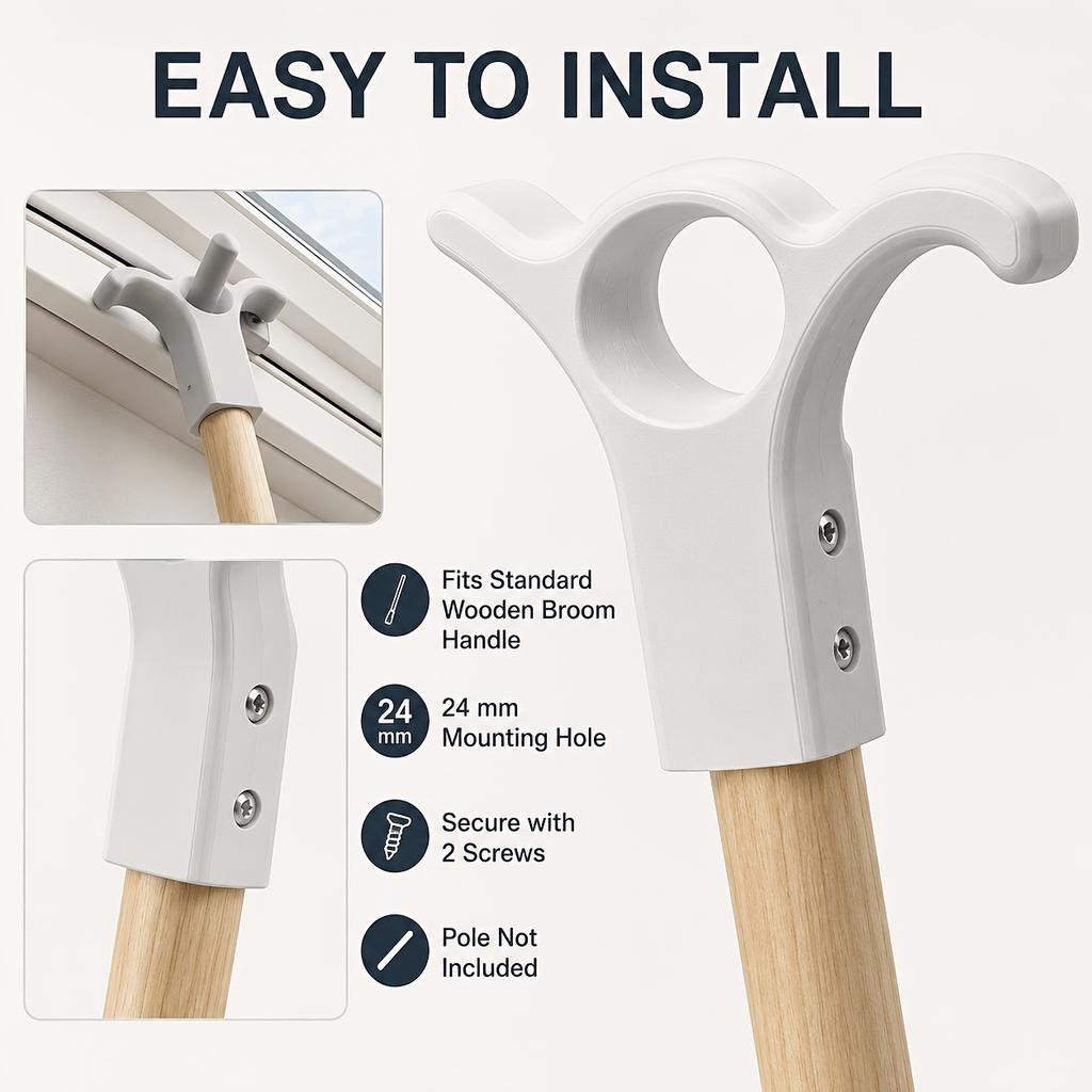 3-in-1 Skylight Opener Hook Head, 24mm Broom Handle Adapter, Screw Fixed Vent Blind Control Accessory , Roof Window Hook