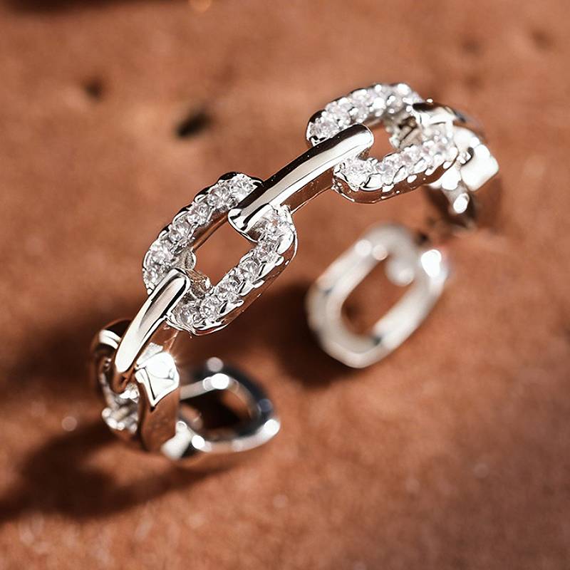 

Huitan Chain Linked Design Women Opening Ring Inlaid Bright CZ Fashion Party Accessories Versatile Wedding Daily Finger Zircon resizable