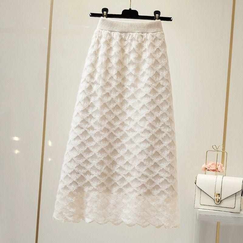Knitted Midi Skirt for Winter Women Mid To Long Style with Crochet Lace A-line Wrapped Buttocks Skirt Thick Winter Skirt