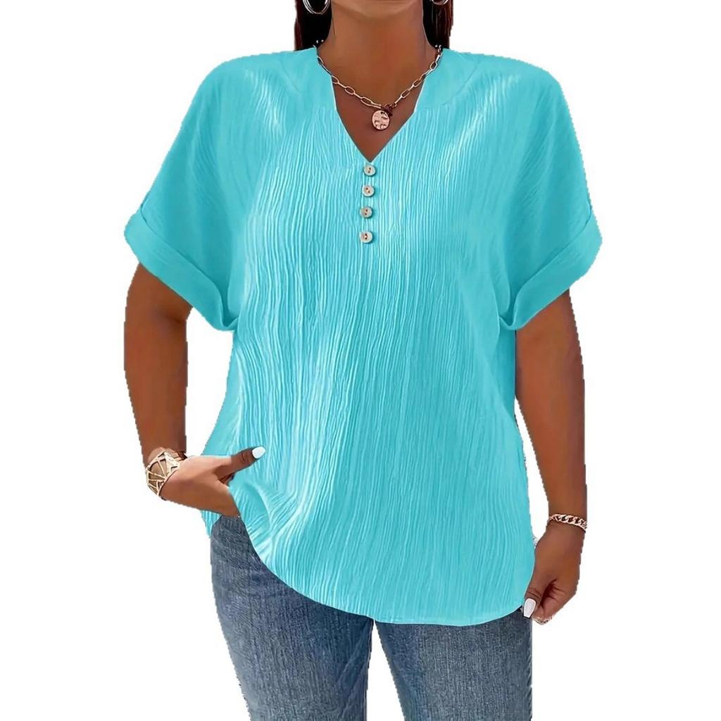 Plus Size Women's New V Neck Solid Color Button Short Sleeve Casual Comfortable Top for European American
