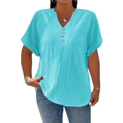 Novas Blusas Femininas Plus Size, Lisas, Decote V, Botão, Manga Curta, Casuais, Confortáveis, Estilo Europeu e Americano