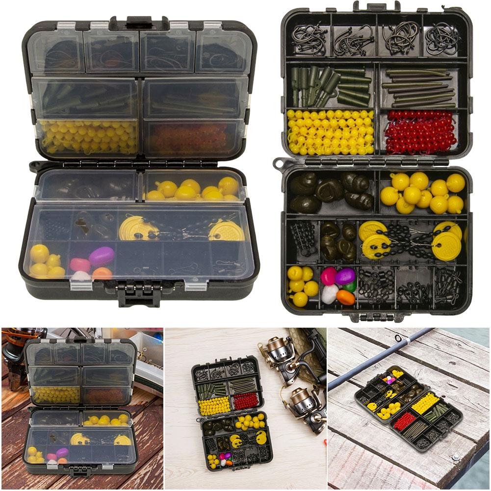 145Pcs Carp Fishing Equipment Kit Including Weights Sinkers Double Sided Fishing Box Kit Hook Swivel Safety Clip Rubber Sleeve