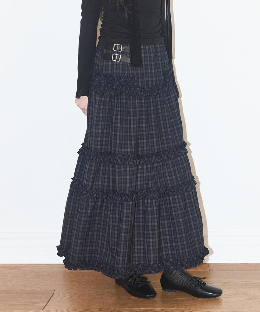 Iligo Buckle Frill Long Skirt Check Navy