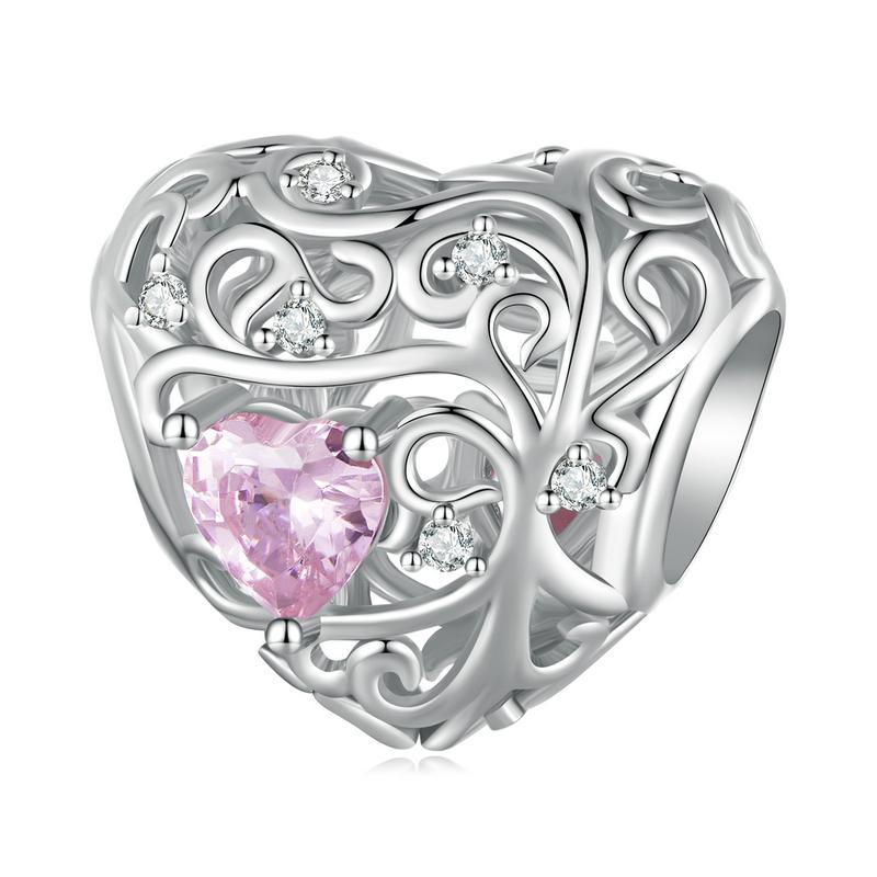 WOSTU 925 Silver Pink Heart Charms Lover Couple Wedding Pendant Opal Beads Fit for Bracelet DIY Valentine Gift