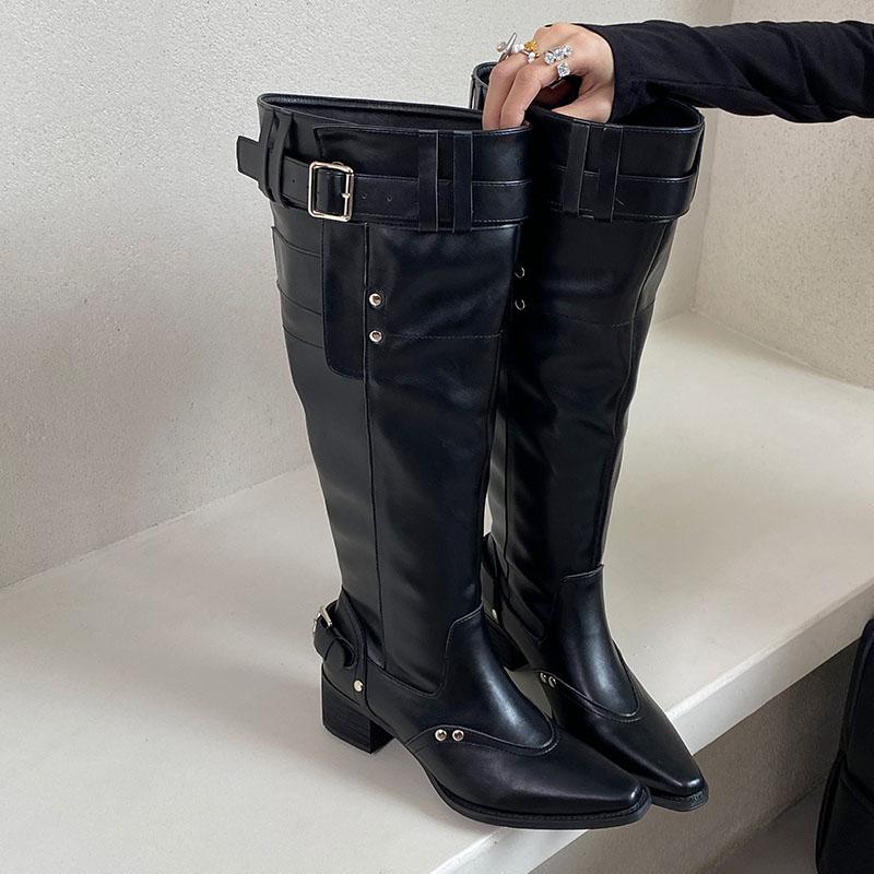 Móda Módní Špičaté Dámské Kozačky po Koleno Moderní Boty Obuv Dámská Čtvercové Podpatky Obuv Dámské Dlouhé Kozačky Boty Lodičky