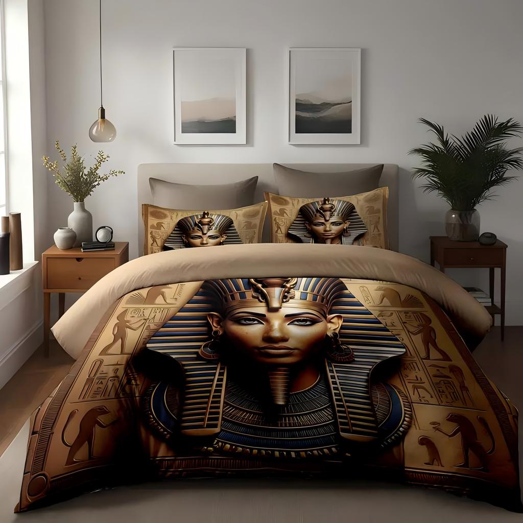 Egyptian Mythology Pharaoh Relief Totem 3D Print Bedding Set For Teens Adults Style Bed Cover Soft Home Polyester Quilt Cover