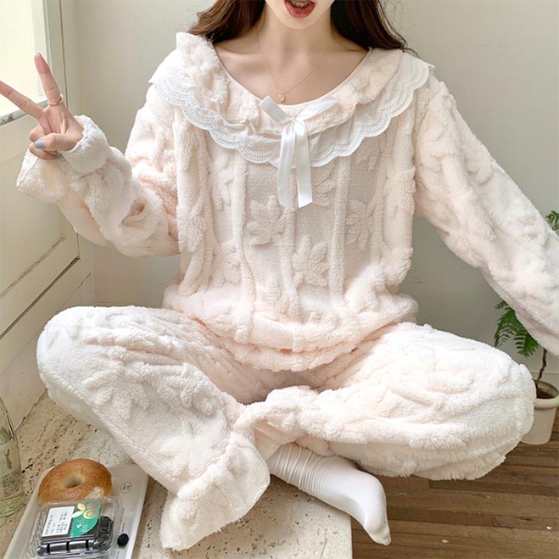 Autumn Winter New Plush Pajamas for Women Round Neck Lace Long Sleeve Women's 2 Pieces Set Sweet Solid Color Princess Home Wear