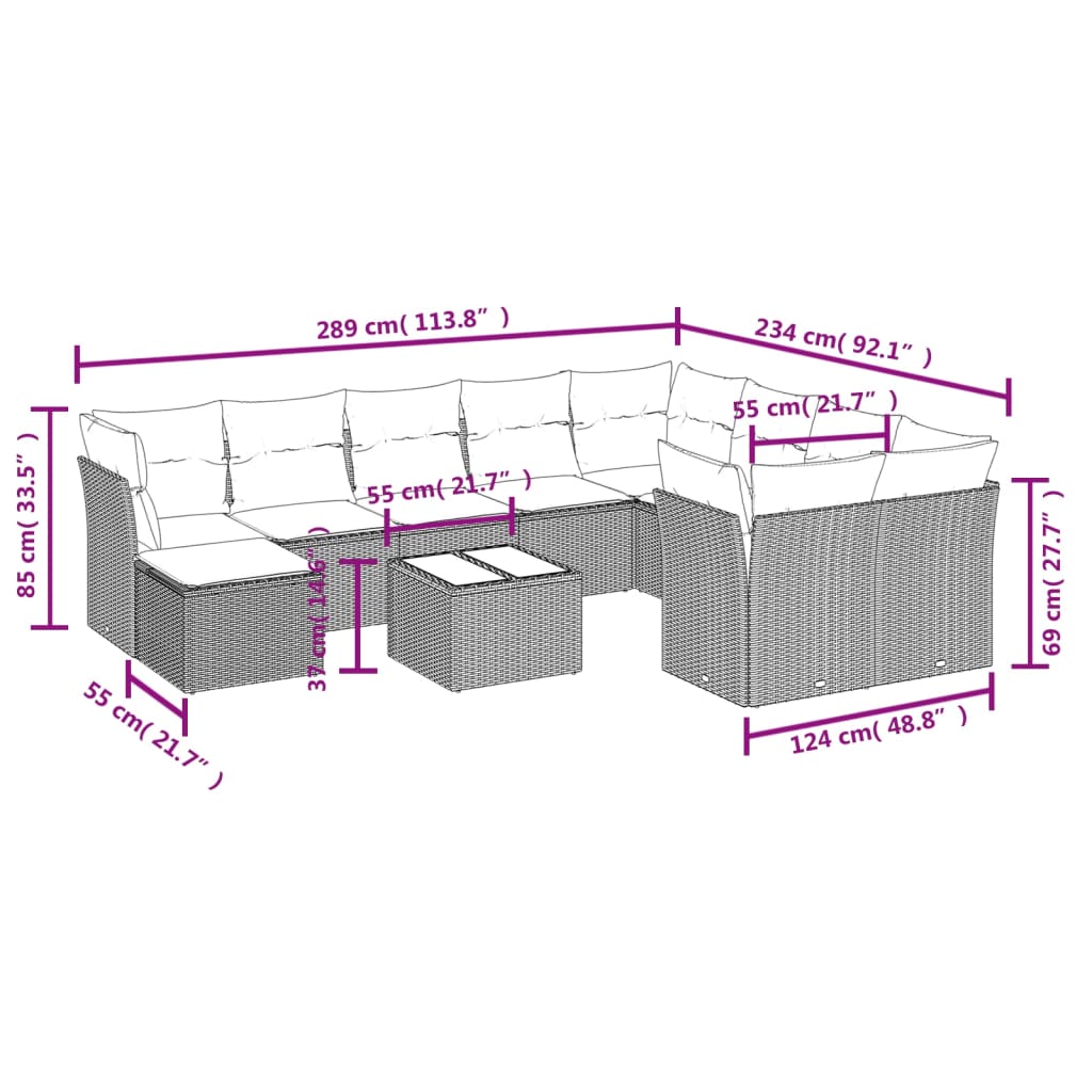 Vidaxl 11-Cz. Set di Mobili da Giardino con Cuscini, Beige, Polyrattan
