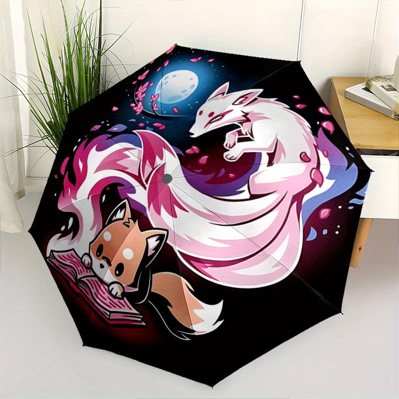 1pc Fox Reading Book with Cherry Blossoms Cartoon Umbrella, Portable 3-Fold Compact Umbrella, Suitable for Camping, Hiking and Travel, Ideal