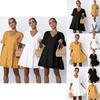 Elegant Women V-neck Plain Smock Dress With Loose Fit And Short Sleeve Design