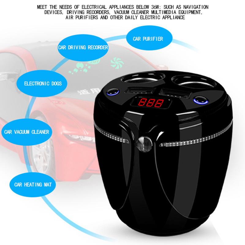 USB Car Charger Cup Holder Display Car Charger Cigarette Lighter Splitter With Voltage Display