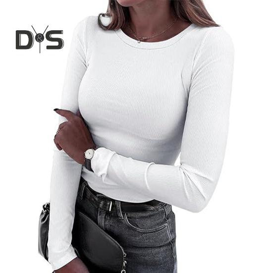 Pullover Tops Women Ribbed Long Sleeve Bottoming Top Regular Fit Lightweight Crew Neck Shirt Daily Wear