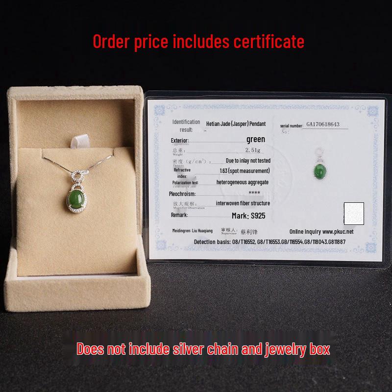 Vintage 925 Silver Hetian Jasper Cabochon Pendant Necklace with Certified Natural Green Jade