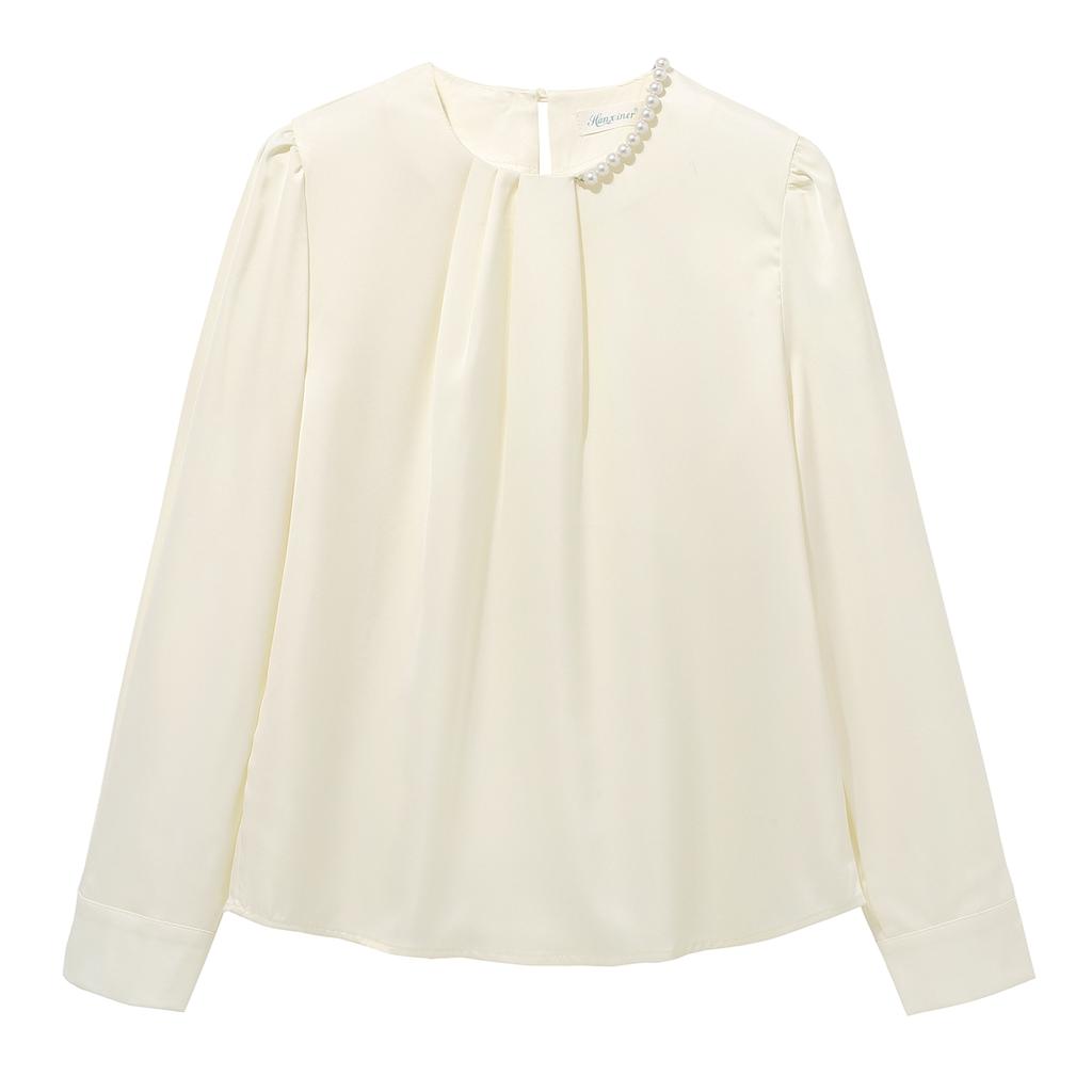 Moda de toamnă, nou 2024, cu mânecă lungă, cu mărgele, cu gâtul O, bluză din șifon, cămașă pentru femei, bluze, cămăși J419