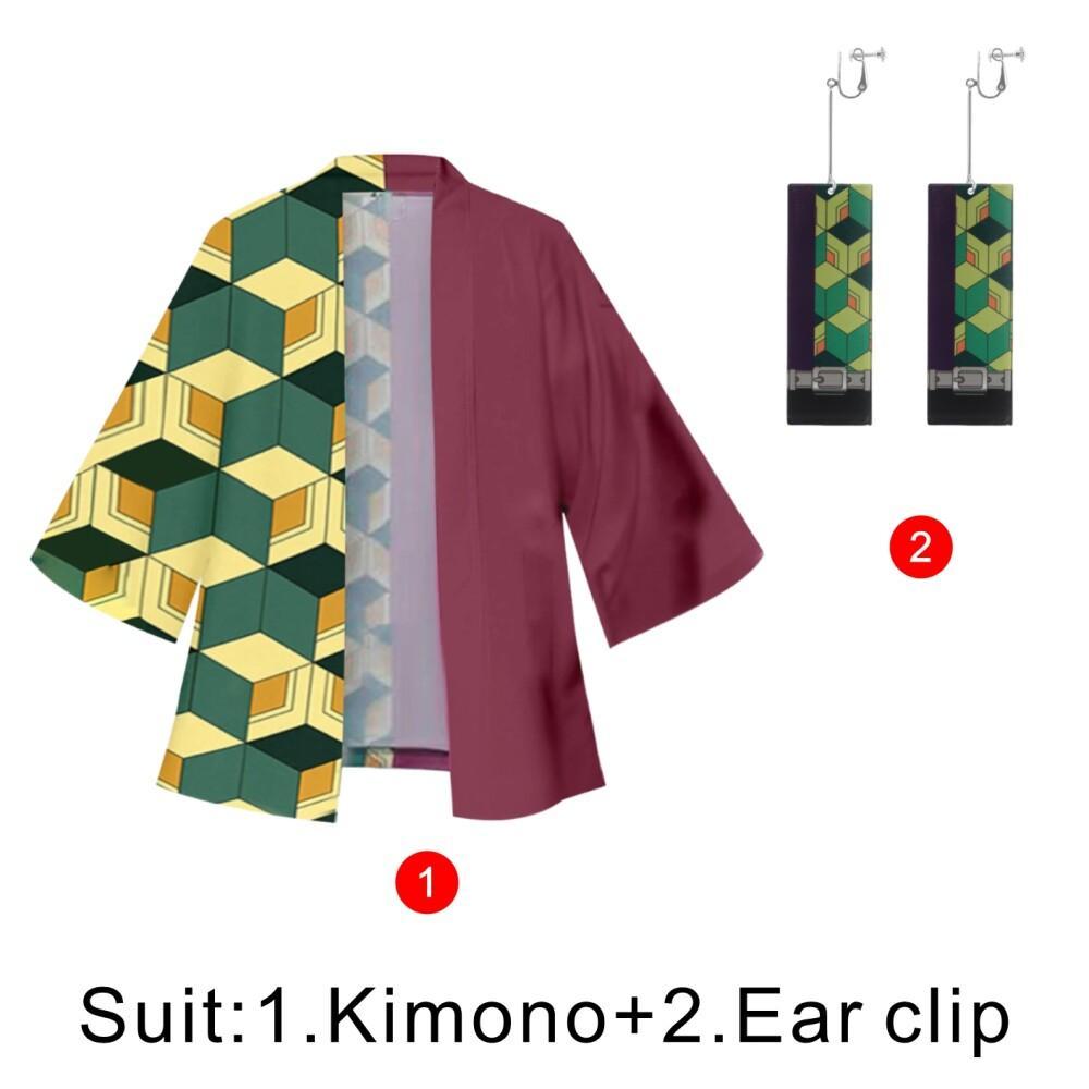 Japanese Anime Men Green Black Checkered Tanjiro Kamado Cosplay Kimono Women Acrylic Ear Clip Accessory Suit Nezuko Kamado Coat