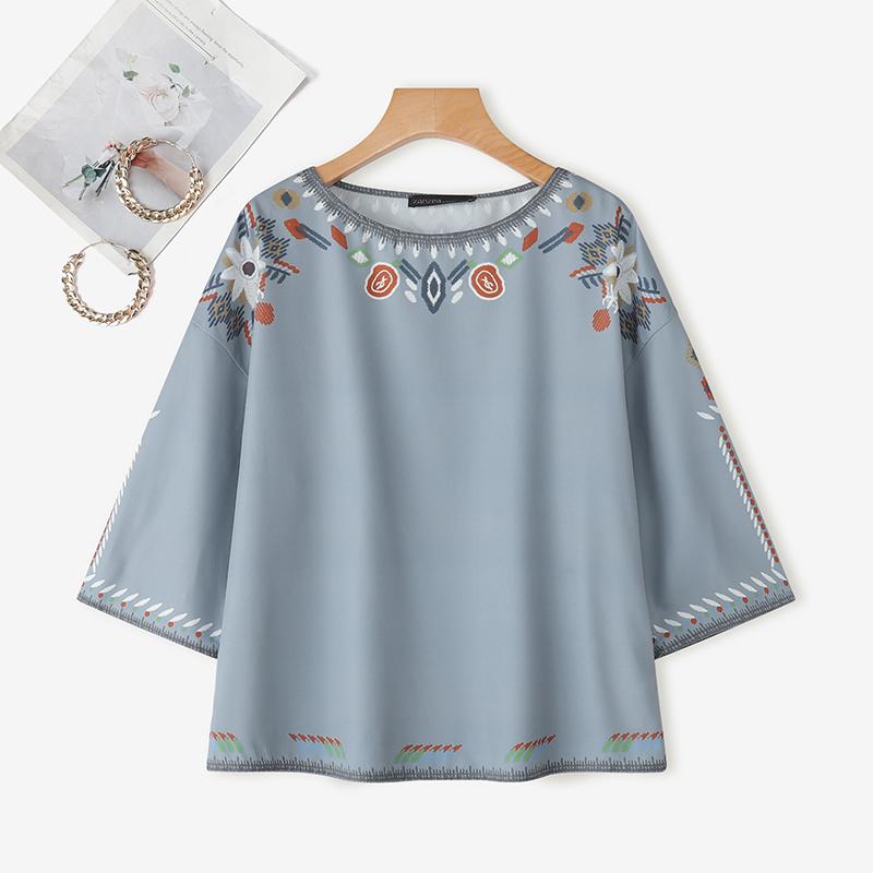 

ZANZEA Women Round Neck Loose Casual 3/4 Sleeve Print Blouse 3XL сірий колір