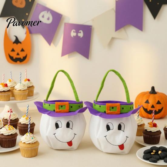 Halloween Costume Accessories Candy Bags for Kids, Trick or Treat Handbag with Handle, Spooky Durable Carrying Witch Ghost Black Cat Pumpkin
