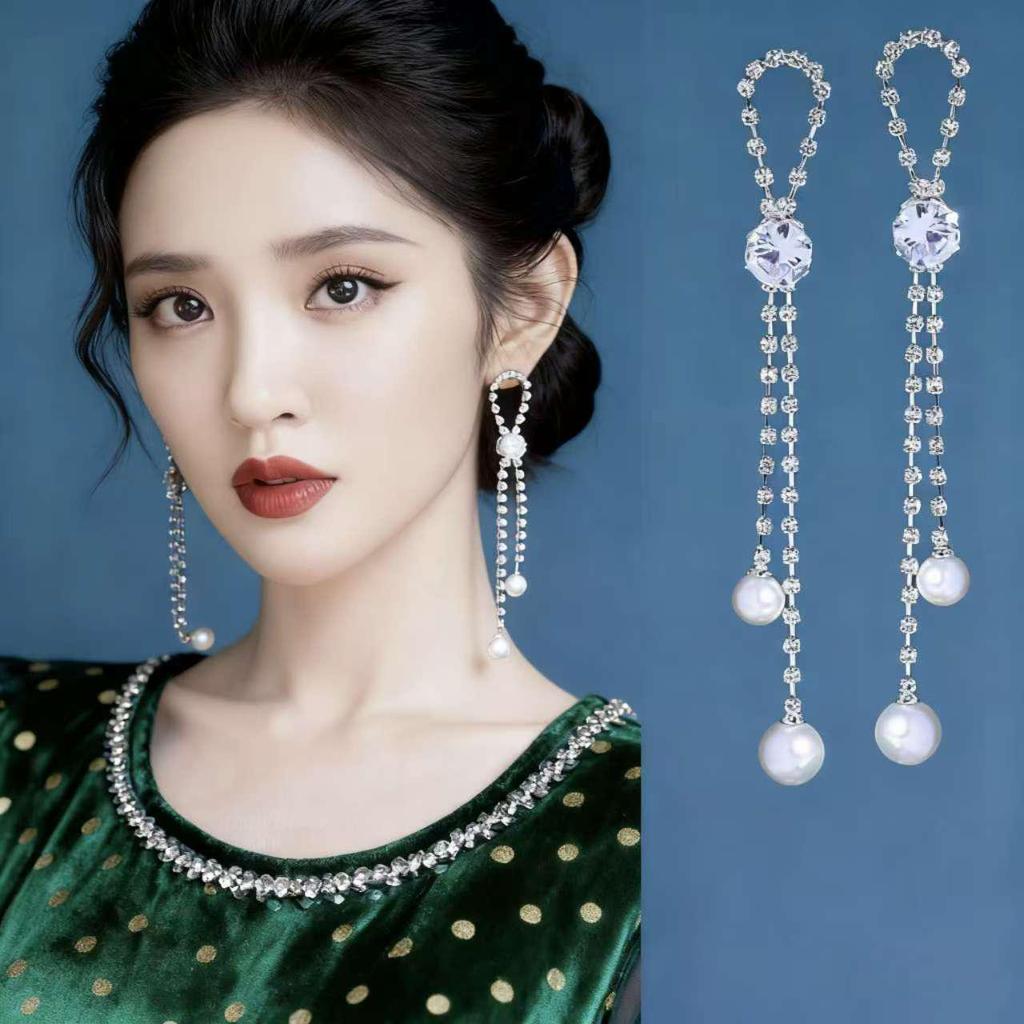 Korean Zircon Pearl Tassel Dangle Earrings - High-End Long Studs, New Super Fairy Style