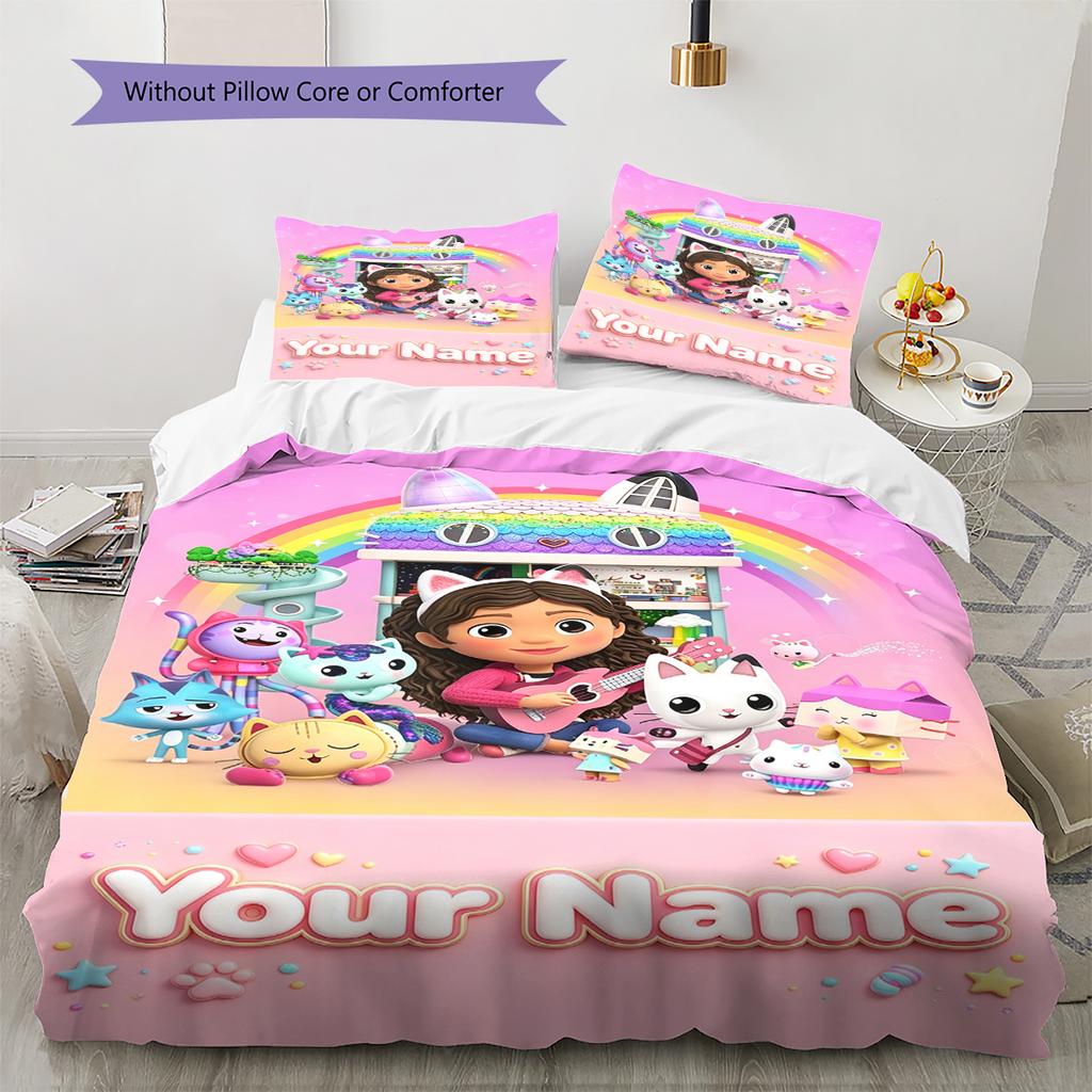 Name Custom Gabby Dollhouse Pattern Bedding Set Quilt Cover Pillowcase Home Decor Gift (1 * Duvet Cover + 2 * Pillowcase, Without Core)