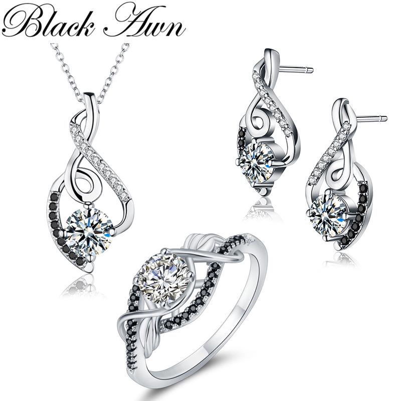 BLACK AWN Jewlery Sets Women Black Fashion Jewelry Sets Stud Earrings Ring Necklace Pendant For