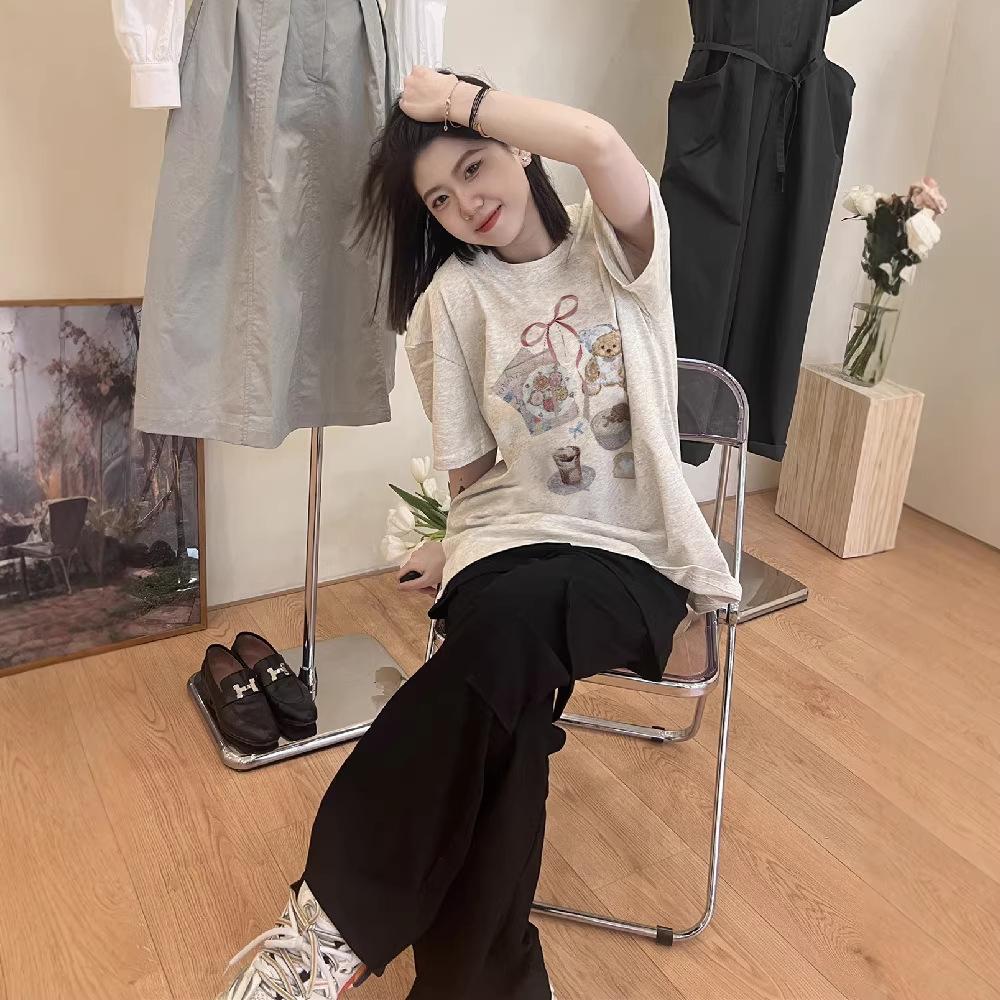 Pure cotton European goods American front shoulder short-sleeved t-shirt women's new loose and lazy design niche large size top