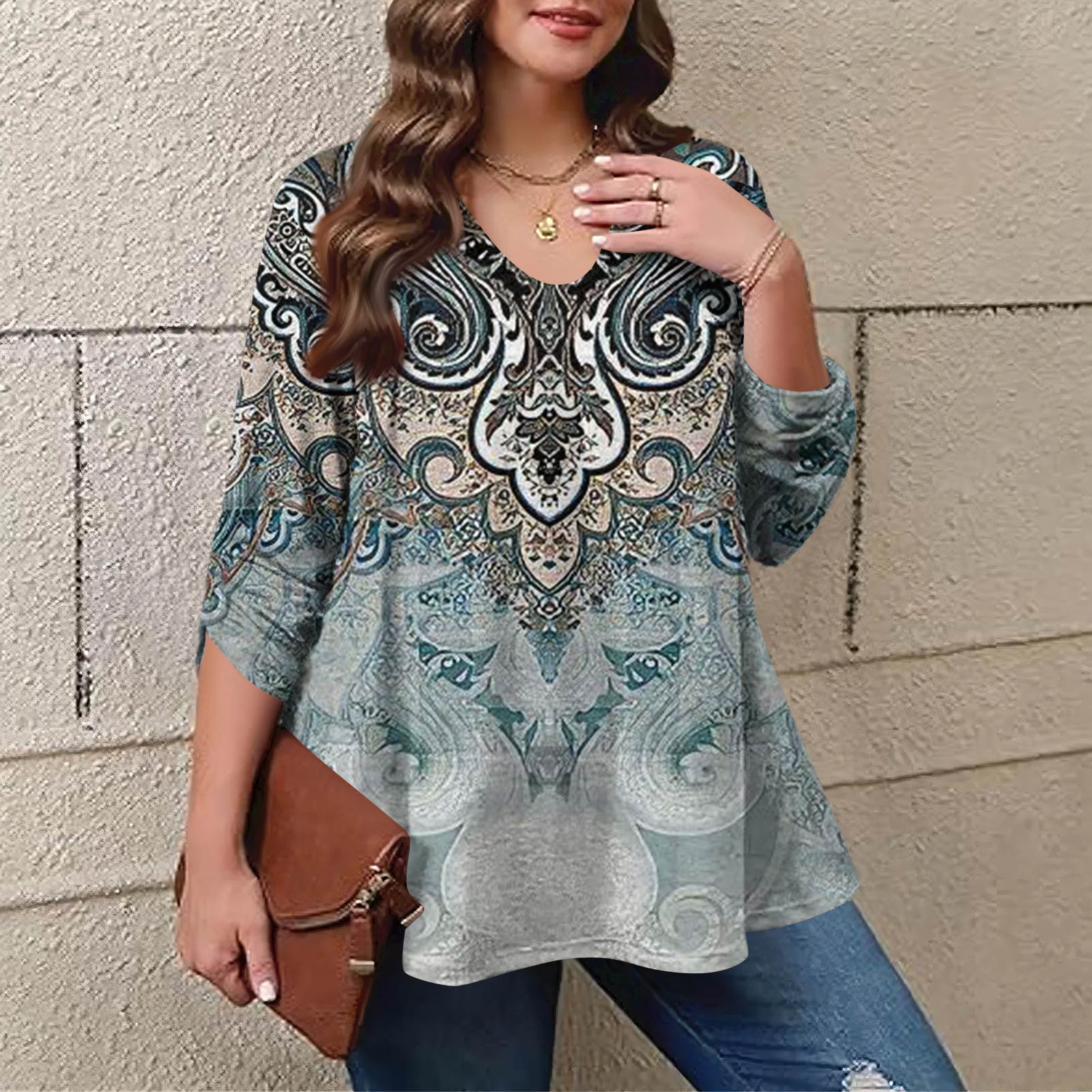 

Women s Plus Size Fashion Printed Casual Pleated Round Neck Long Sleeve Top XL синий