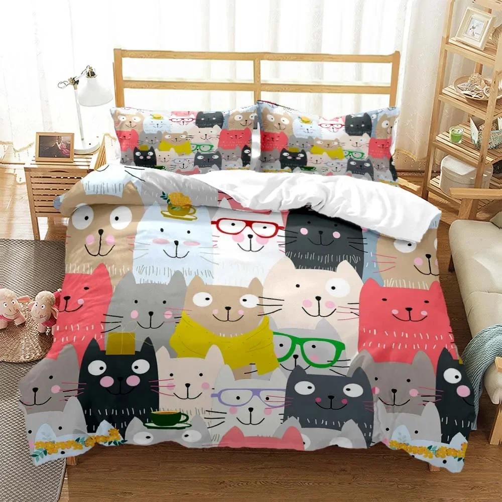 Cute Cat Comfortable Duvet Quilt Cover Pillowcase Bedding Set Children Bedroom Decoration Home Textile