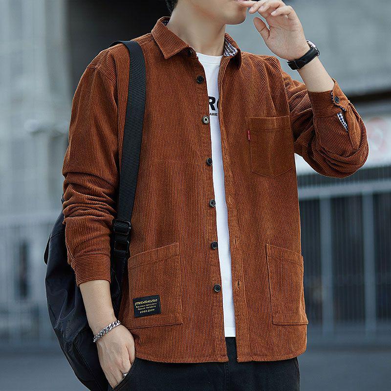Men's Fleece-Lined Corduroy Shirt Jacket with Pockets - Long Sleeve, Thick, Loose Fit for Autumn/Winter.