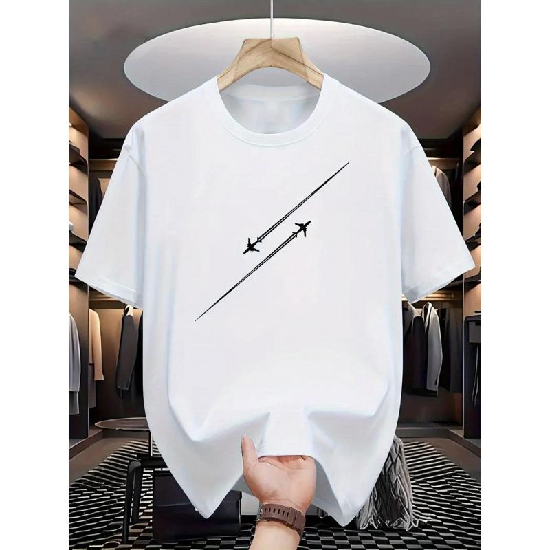 Men's Cotton Graphic T-Shirt - Casual Loose Fit, Breathable & Comfortable, Geometric Airplane Print Design, Summer Essential for Casual Attire,