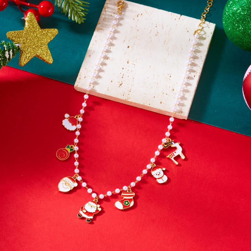 Christmas Snowflake Gingerbread Xmas Tree Pendant Necklace For Women Snowman Santa Claus Snowflake Beads Choker Party Jewelry