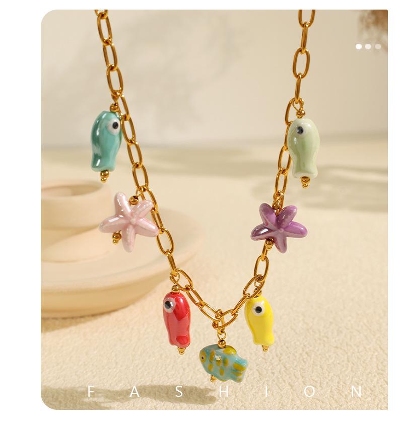 Ocean Fish Titanium Steel Bracelet: Starfish & Colorful Ceramic Pendant Necklace for Women