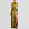 Halter Sleeveless Backless Evening Dress for Women Metallic Pleated High Slit Maxi Gown Formal Party Wedding Guest Dresses