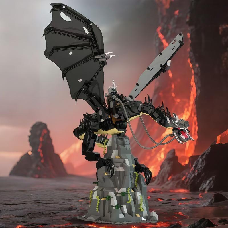 Black Dragon Building Blocks Set, Medieval Fantasy Dragon with Rock Base, Large Winged Monster Bricks Model for Adults