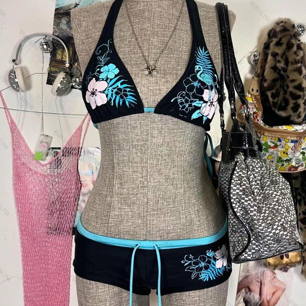 Vintage Flower Print Cutie Set Bikini 2000s Swimsuit Sexy Women Bathing Fashion Halter Strap Swimwear High Street Beach Female