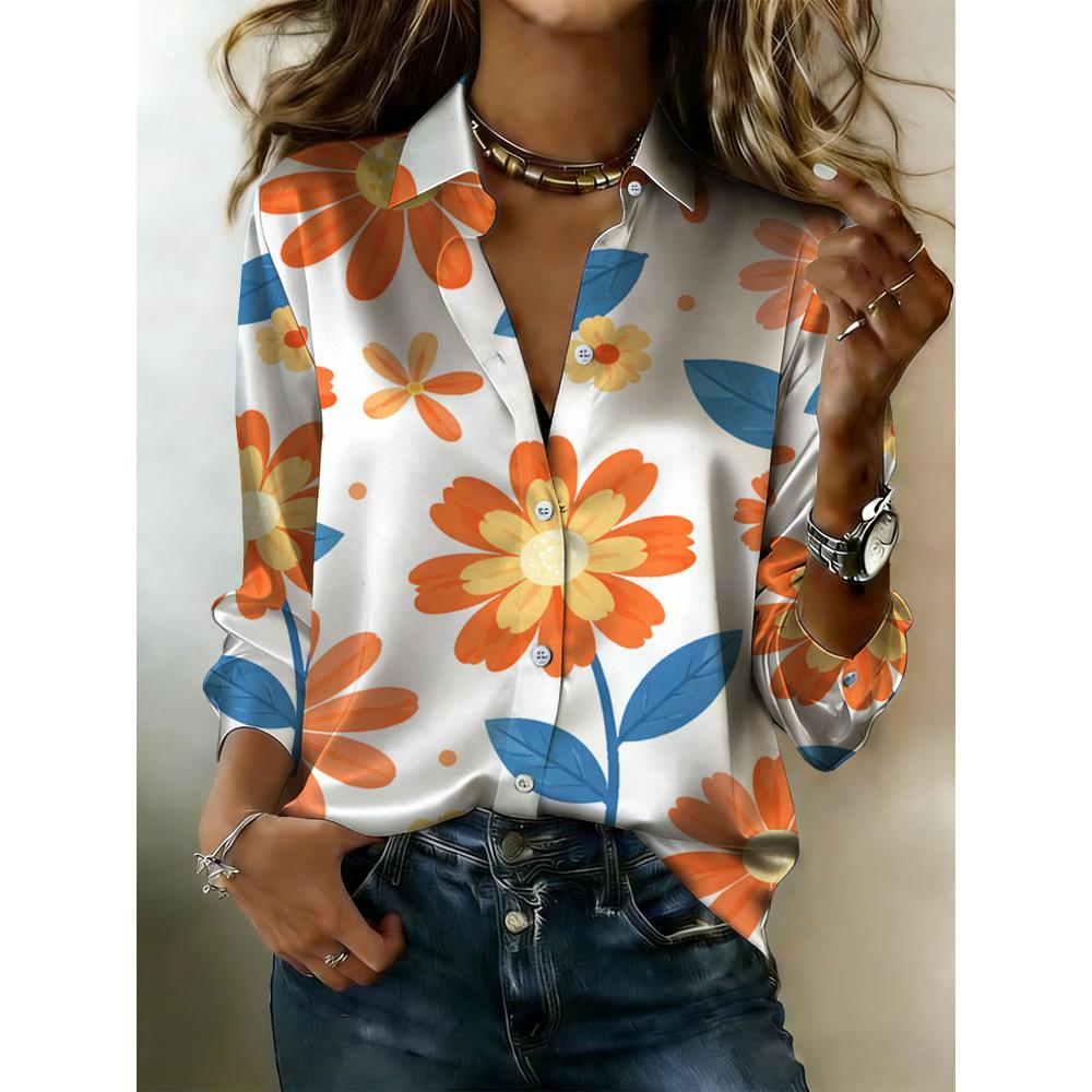 

Women s floral button-down blouse - Collared long-sleeved top, suitable for casual, office, and semi-formal occasions. S белый