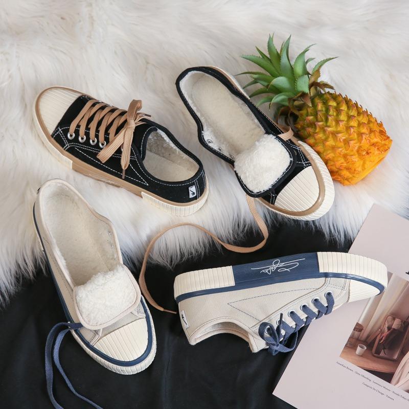 Winter Flat Heel Round Head Low-top Women's Canvas Shoes Warm Shoes Solid Color Casual White Shoes Piled and Thickened