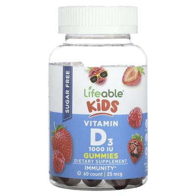Vaikų vitamino D3 guminukai, be cukraus, natūralių uogų skonio, 25 mcg (1 000 TV), 60 guminukų