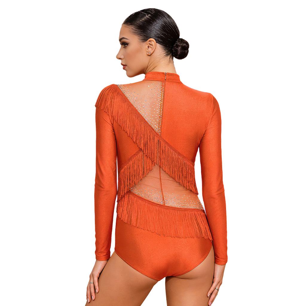 Damen Latein Tanz Jumpsuit Strasssteine Langarm Reißverschluss Hinten Fransen Leotard