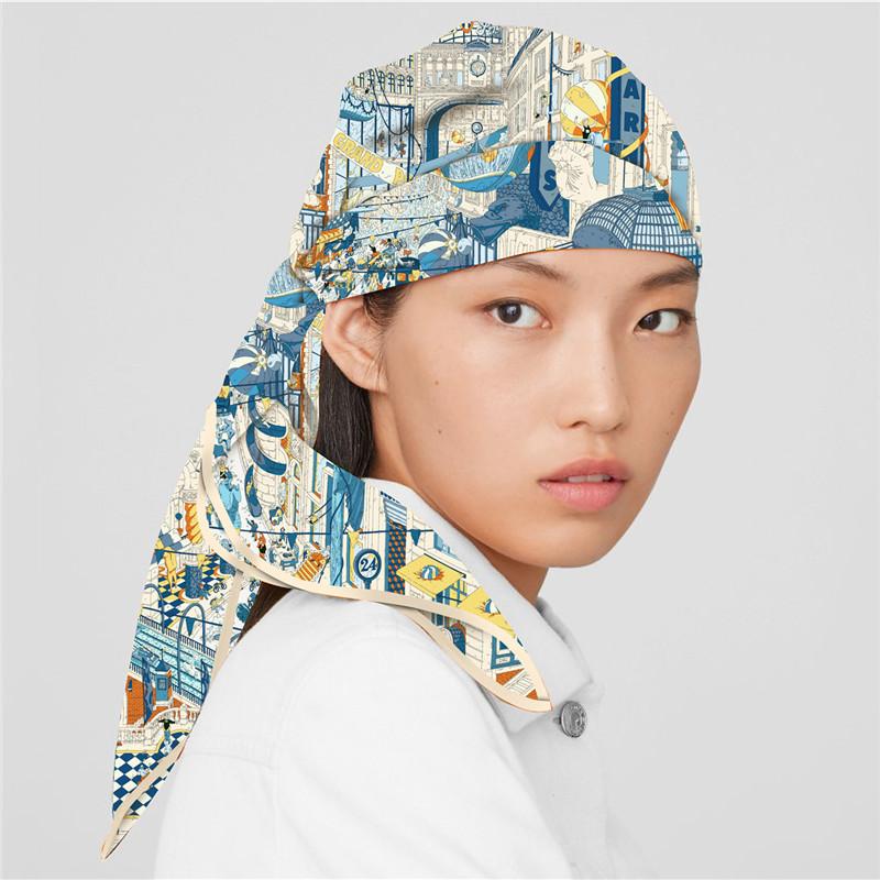 Silk Scarf Women City Street Print Square Scarves Head Echarpes Silk Foulards Femme Wraps Beach Shawl Bandana Lady Hijabs 90CM