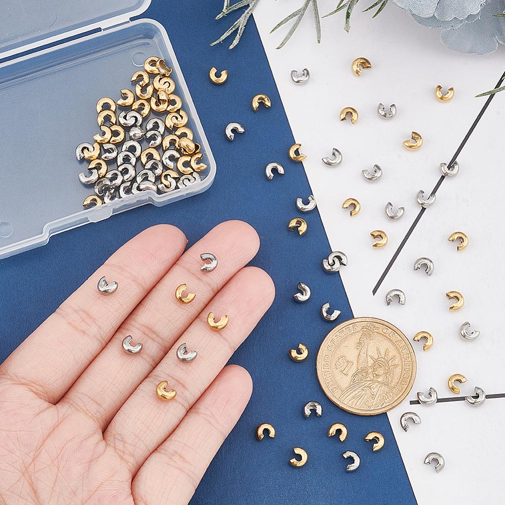 100Pcs 2 Style 304 Stainless Steel Crimp Beads Covers, Golden & Stainless Steel Color, 5~5.5x4~4.5x3.2~4mm, Hole: 1.6~1.8mm, 50pcs/style
