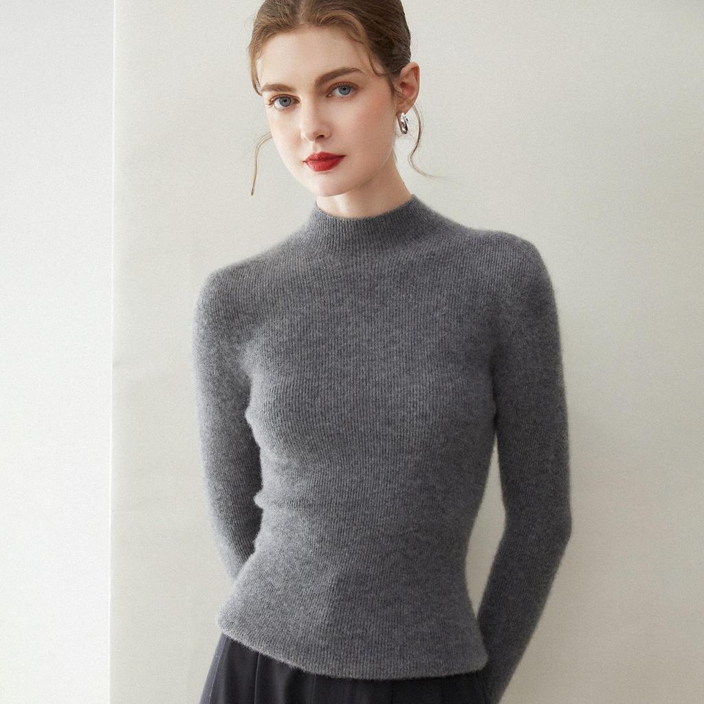 Kangsai Ni Women's Cashmere Slim-Fit Half-High Neck Sweater - 100% Pure Cashmere Knit Base Layer