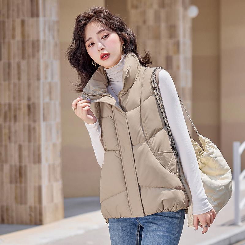 New women's lightweight sleeveless stand-up collar high-quality jacket solid color thickened warm sports and leisure loose cotton jacket