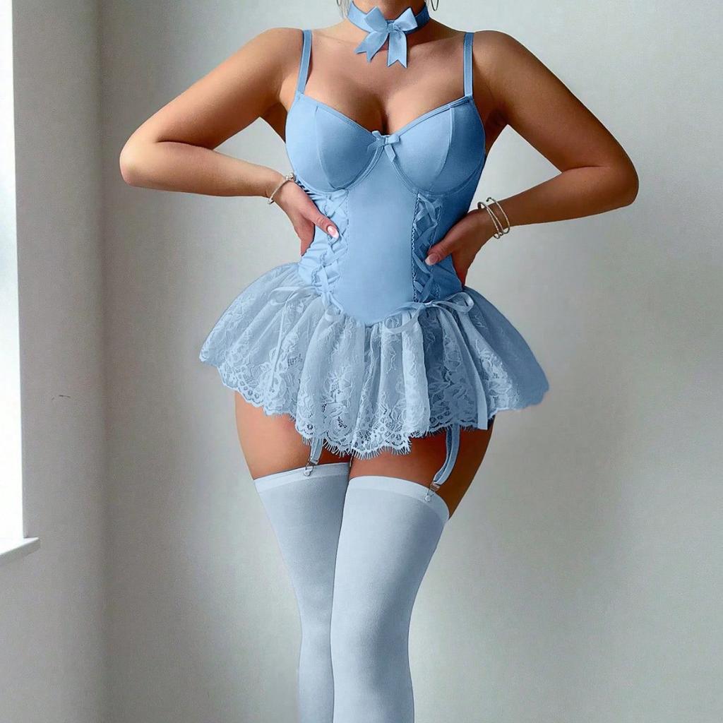 European and American New Pure Desire Sexy Underwear Steel Ring Suspender Mesh Bow Pajamas