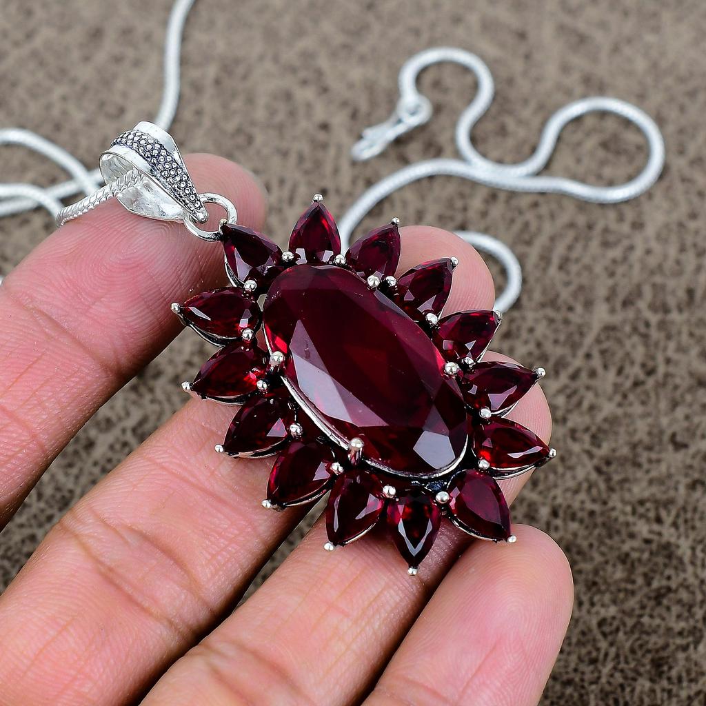 Garnet Gemstone Handmade 925 Sterling Silver Jewelry Pendant 2.48" KKG-297