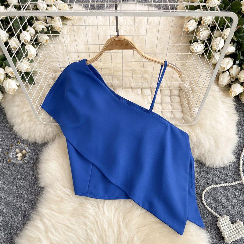 Sweet and Spicy Small Top Women's Stylish One-Shoulder Cold-Shoulder Single-Side Sling Silm Short Crop Top Versatile Holiday Small Shirt Fashion